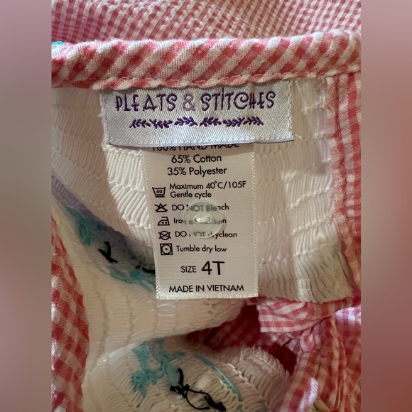 Pleats & Stitches Smocked Handmade Dress Pink Gingham Embroidered Crabs Girls 4t - Picture 7 of 8